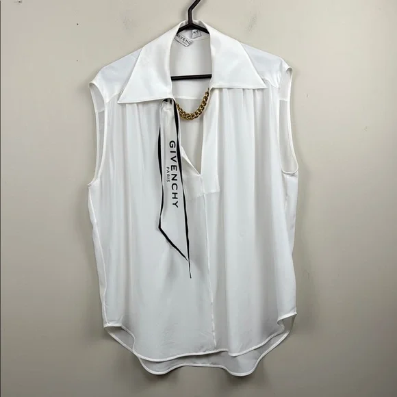 GIVENCHY white silk logo scarf collared sleeveless blouse fr 42 /USA 10 - Picture 4 of 16